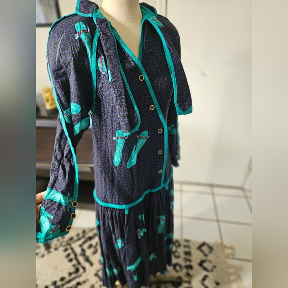 VTG 80s! Jeanne Marc "pumps and bows" Turquoise and Navy Dress Medium Size 8-10 - Picture 3 of 6